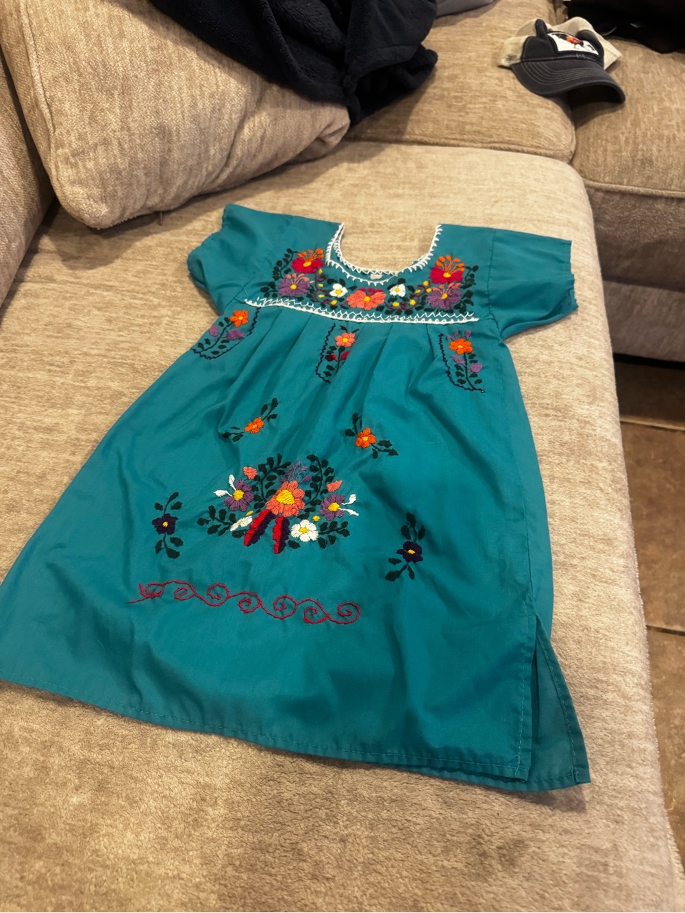 Girls Teal Embroidered Mexican-Style Dress